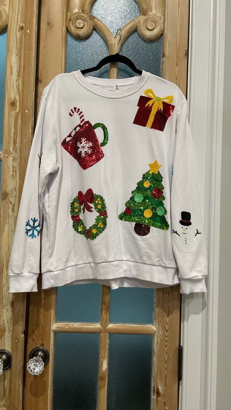 Boutique Bomb Deals Christmas Sequin Sweatshirt Size XL White Holiday Pullover